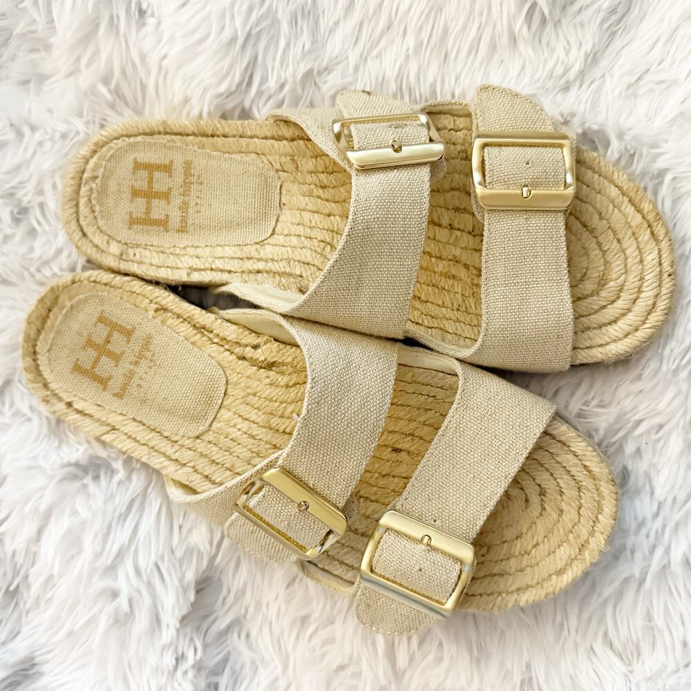 HAUTE HIPPIE | Beige Cream Linen Jute Sandals Gold Buckles Slide On | Size 7.5 - Picture 2 of 7